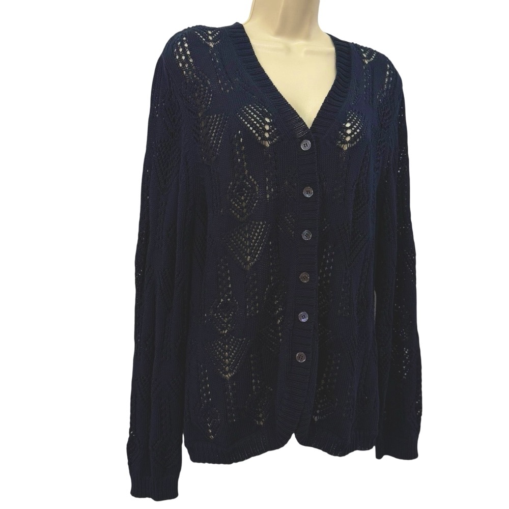 Doncaster Navy Open Knit Weave Cotton Button Down Long Sleeve Cardigan XL NWT